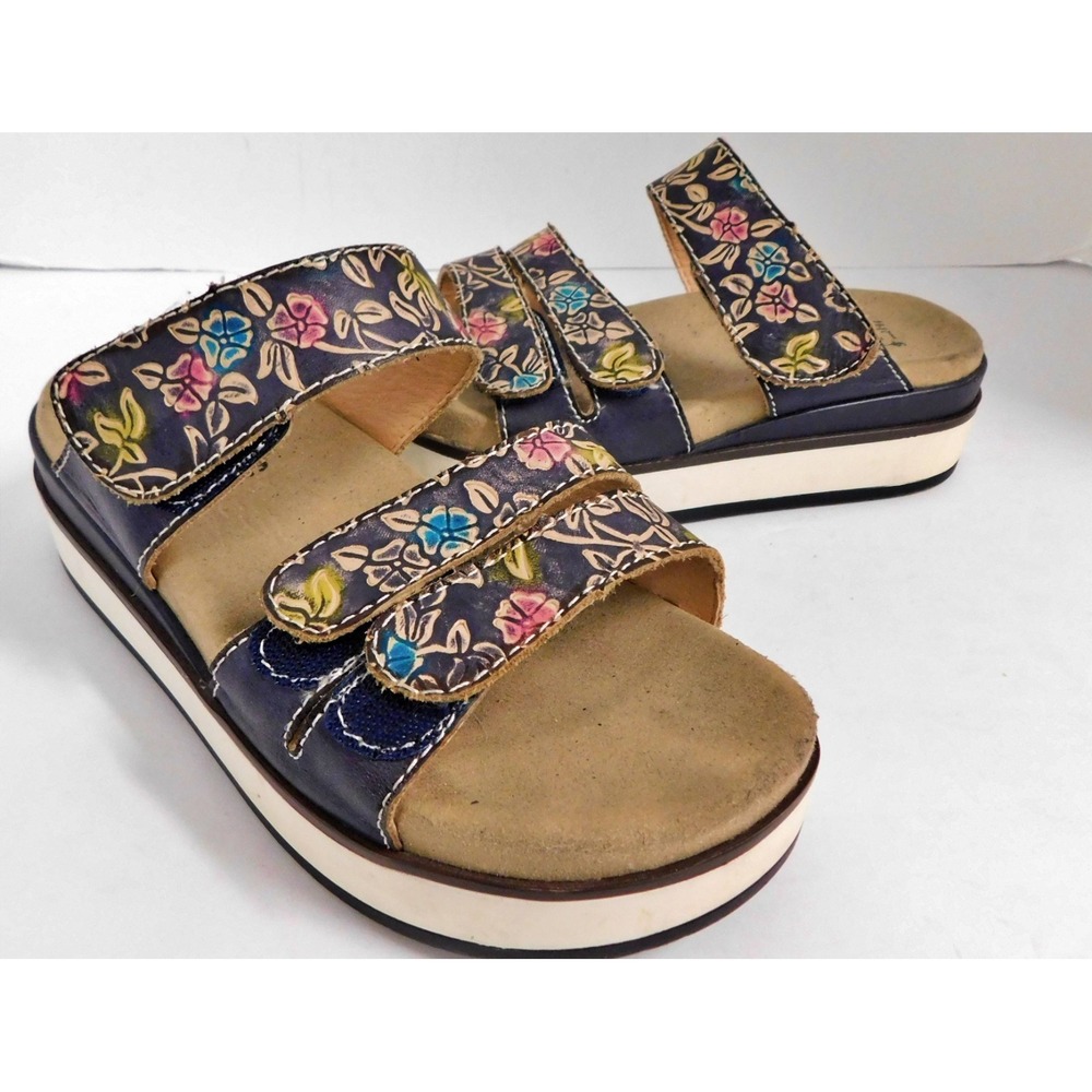 L'Artiste by Spring Step Dearest Black Floral Leather Strap Platform Slide sz 35